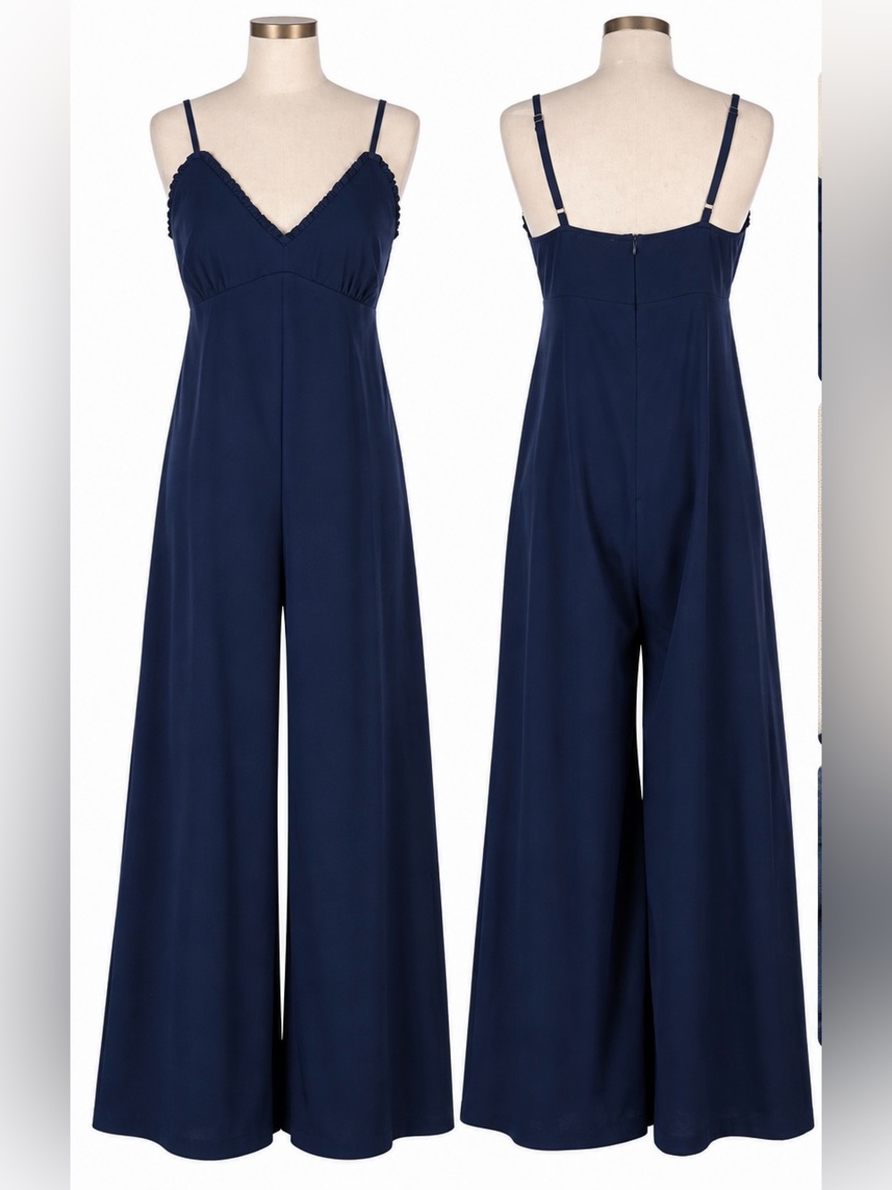 Molly Bracken Navy Blue Wide Leg Jumpsuit Ruffle V-Neck Medium